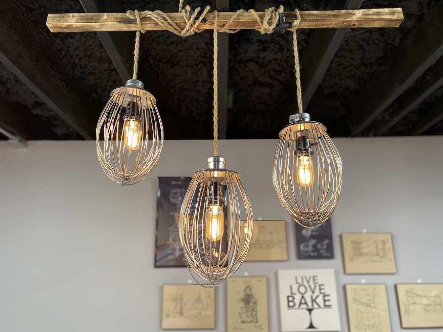 Industrial Triple Bakery Whisk Hemp Rope Chandelier with Vintage Edison Light Bulb