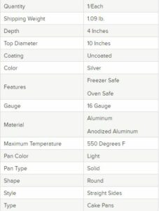 Fat Daddio's #PRD-104 10x4" Round Cake Pan - specification diagram